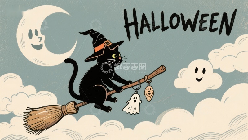 高清大图下载【趣麦麦图】万圣节黑猫骑扫帚夜空飞行