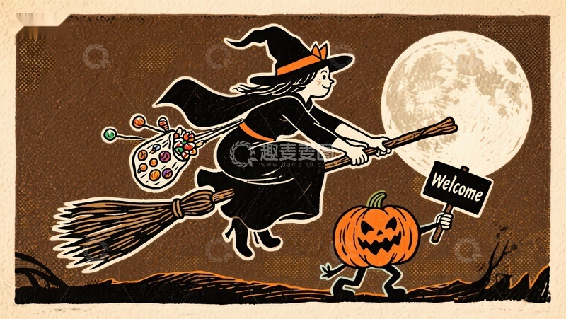 高清大图下载【趣麦麦图】巫女骑帚迎月夜，南瓜持牌表欢迎