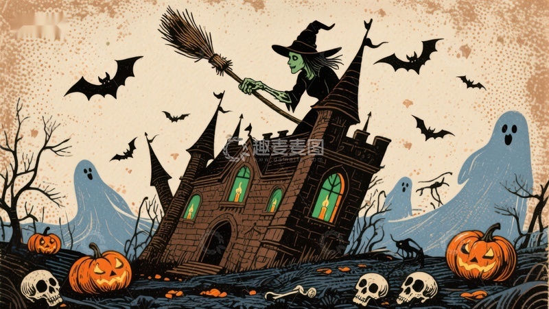 高清大图下载【趣麦麦图】万圣节巫婆飞过幽灵古堡