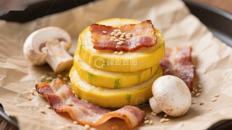 高清大图下载【趣麦麦图】烤西葫芦配培根与蘑菇