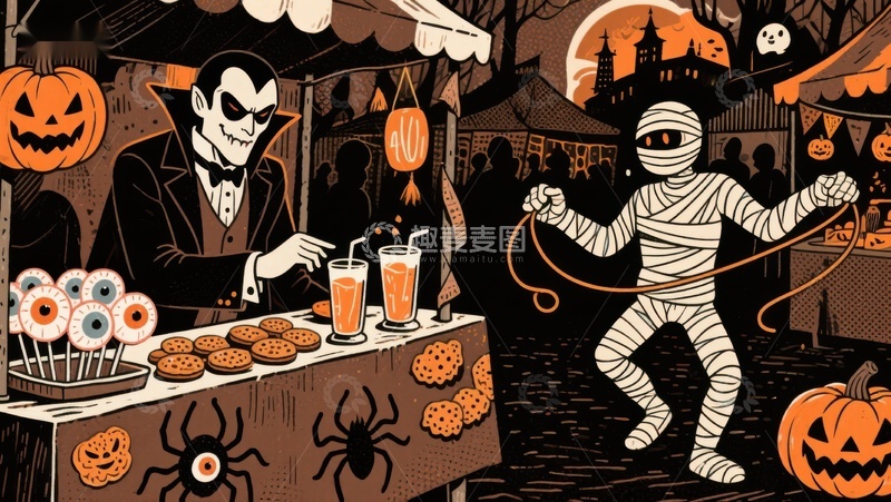 高清大图下载【趣麦麦图】万圣节市集：吸血鬼与木乃伊的欢乐交易