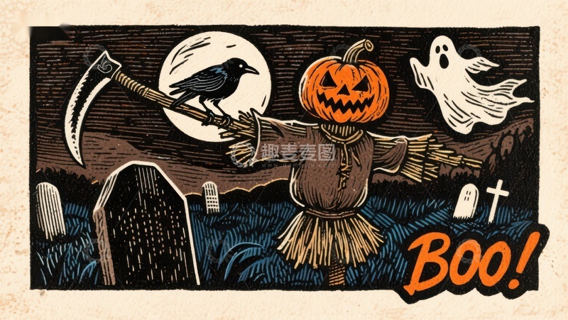 高清大图下载【趣麦麦图】万圣节南瓜人与幽灵的夜景