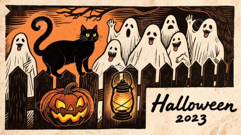 高清大图下载【趣麦麦图】2023万圣节幽灵与黑猫