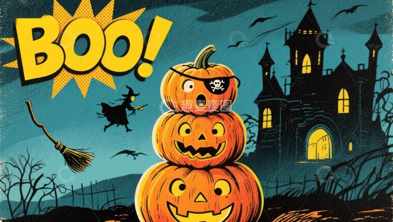 高清大图下载【趣麦麦图】万圣节南瓜堆与幽灵城堡夜景