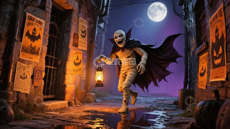 高清大图下载【趣麦麦图】月夜古巷中的恐怖木乃伊