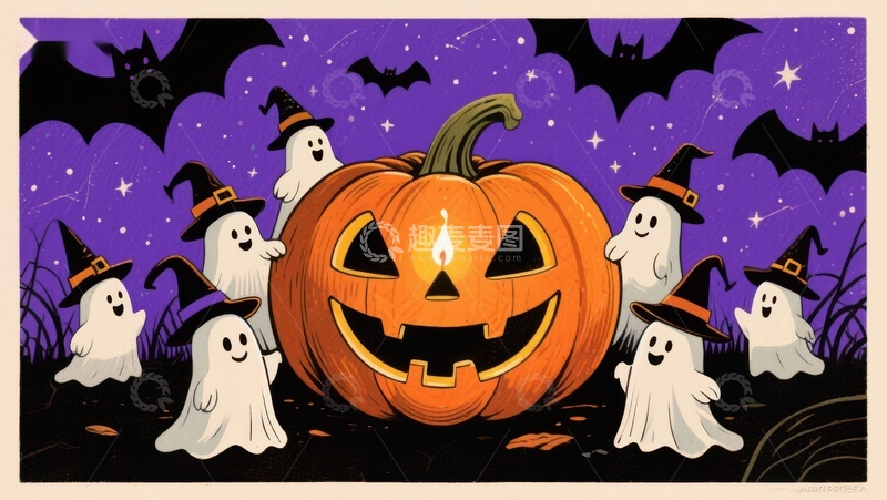 高清大图下载【趣麦麦图】万圣节南瓜灯与小鬼环绕