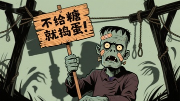 僵尸手持标语牌，背景阴森