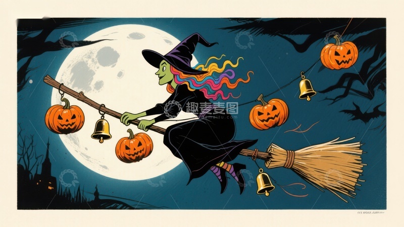 巫师夜骑扫帚，满月南瓜灯环绕