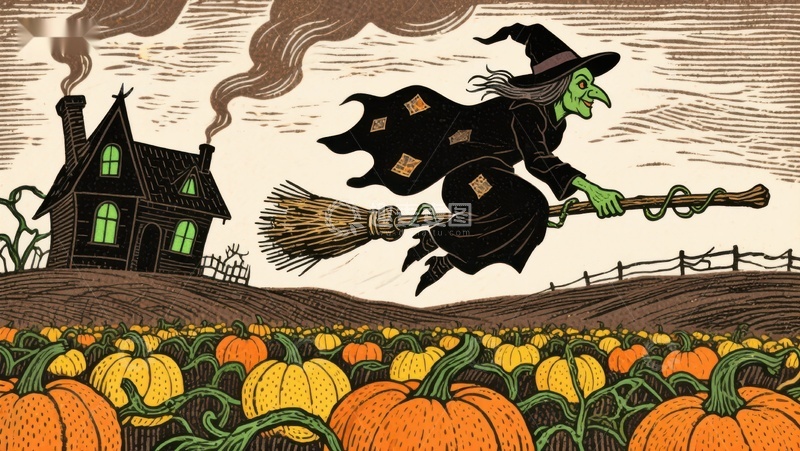 高清大图下载【趣麦麦图】巫婆骑扫帚飞过南瓜田