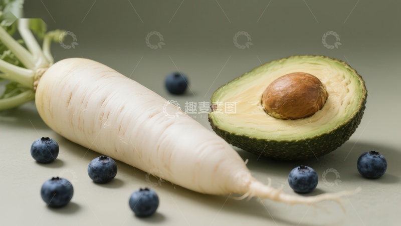 高清大图下载【趣麦麦图】白萝卜、牛油果与蓝莓静物