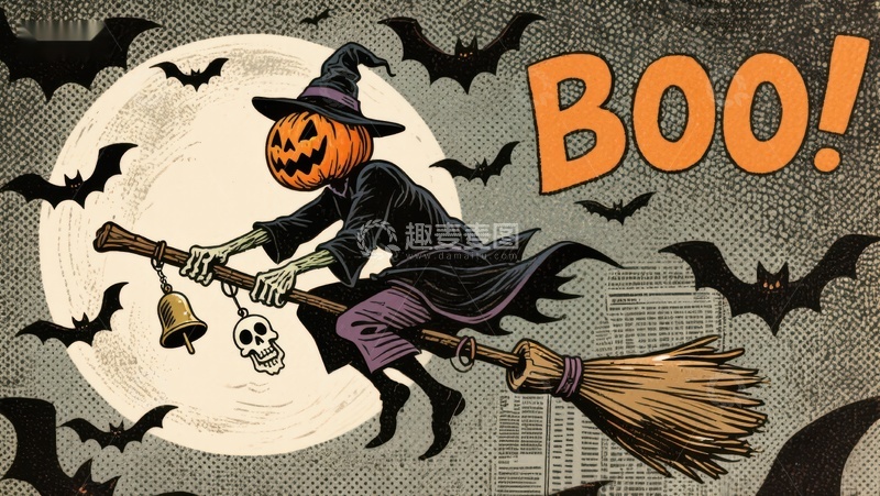 高清大图下载【趣麦麦图】万圣节女巫骑扫帚夜空飞翔