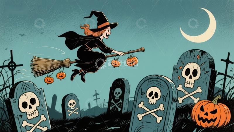 高清大图下载【趣麦麦图】万圣夜巫女飞越墓地