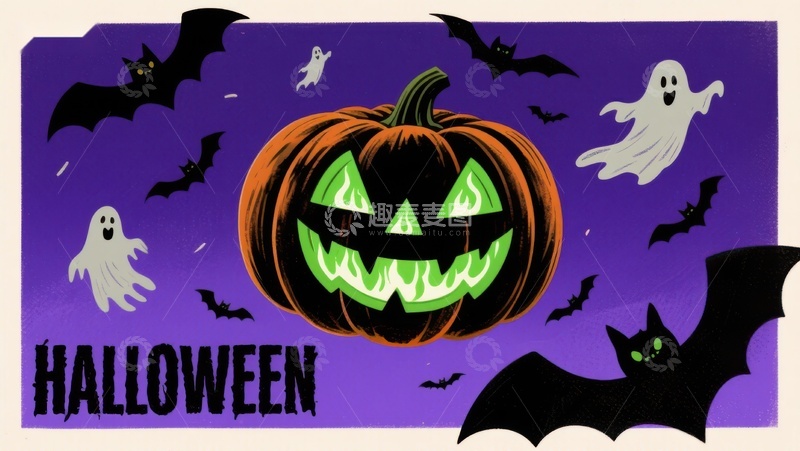 高清大图下载【趣麦麦图】万圣节南瓜灯与幽灵蝙蝠背景图