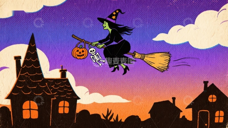 高清大图下载【趣麦麦图】万圣夜巫女骑扫帚飞过小镇