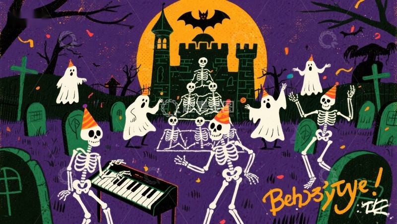 高清大图下载【趣麦麦图】万圣节骷髅派对夜景
