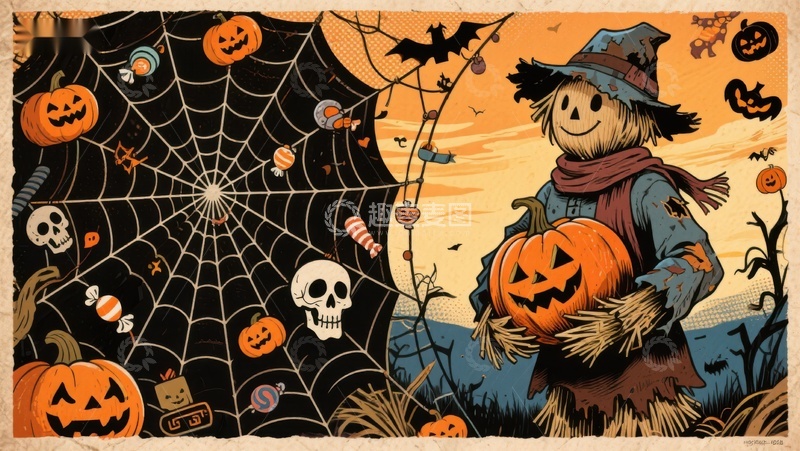 高清大图下载【趣麦麦图】万圣节稻草人与南瓜灯