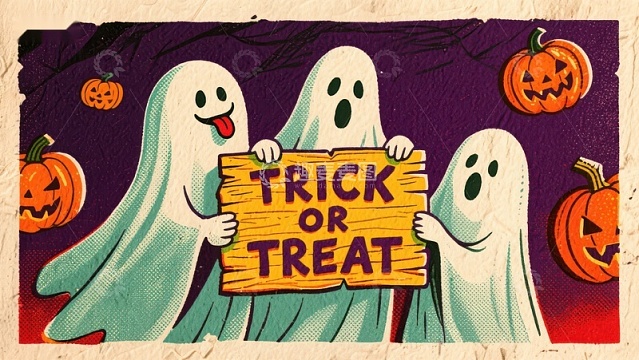 万圣节幽灵手持“不给糖就捣蛋”木牌