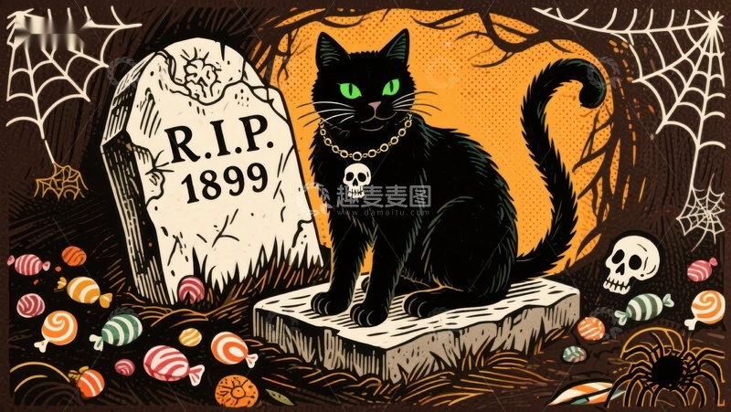 高清大图下载【趣麦麦图】万圣节黑猫与墓碑的神秘场景