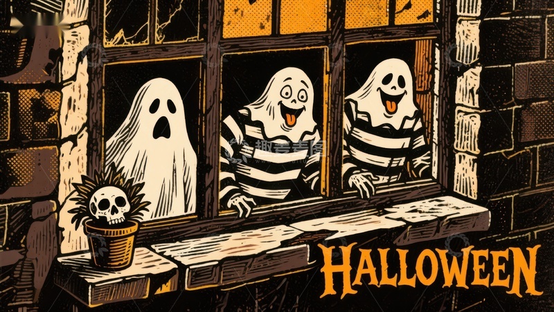 高清大图下载【趣麦麦图】万圣节幽灵窗前探头