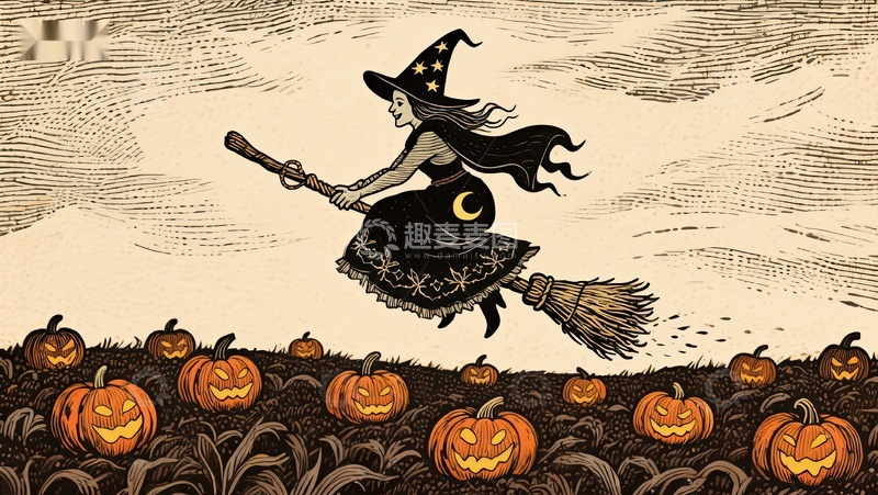 高清大图下载【趣麦麦图】巫女骑帚飞越南瓜田
