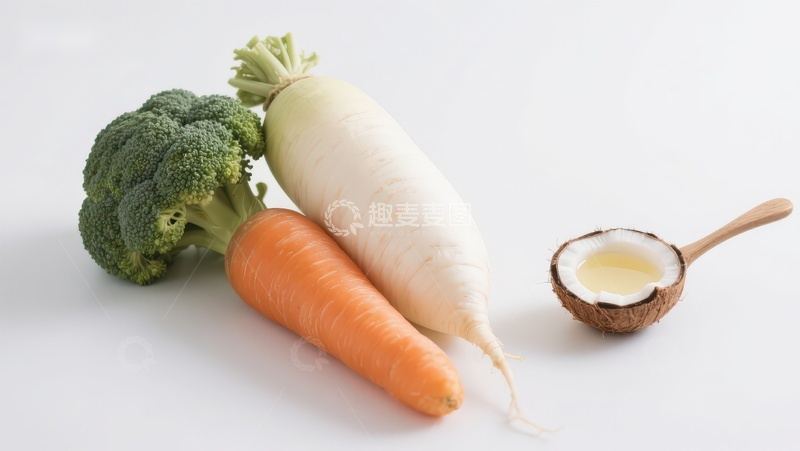 高清大图下载【趣麦麦图】蔬菜与椰子油静物展示