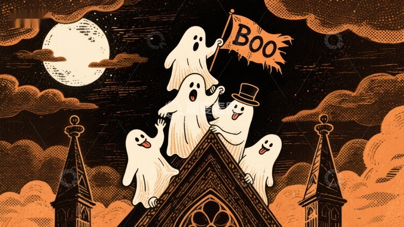 高清大图下载【趣麦麦图】-幽灵齐聚屋顶，手持旗帜迎万圣