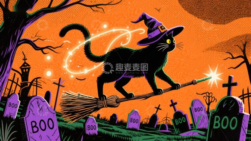 高清大图下载【趣麦麦图】万圣夜猫巫骑帚飞墓园