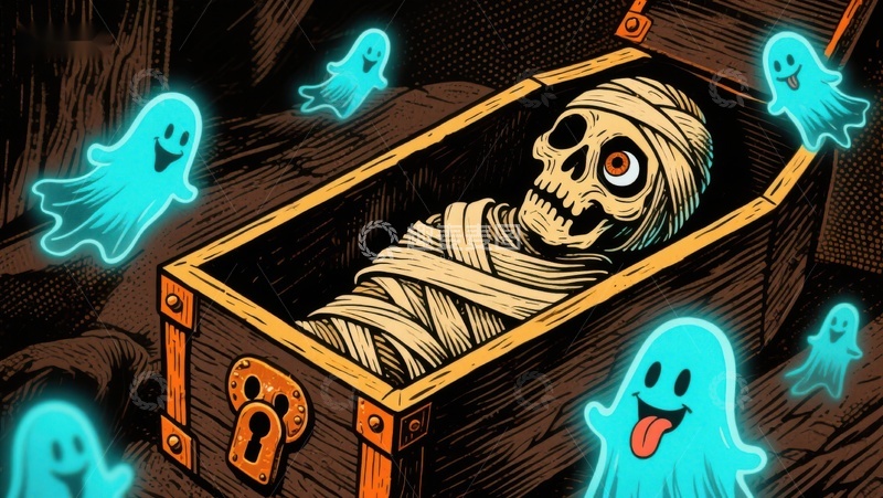 高清大图下载【趣麦麦图】木乃伊躺棺材，幽灵环绕