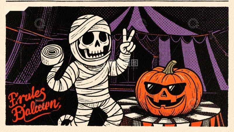 高清大图下载【趣麦麦图】木乃伊与南瓜灯的万圣节场景