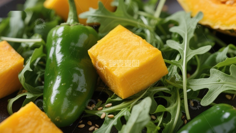 高清大图下载【趣麦麦图】南瓜青椒与芝麻菜的搭配