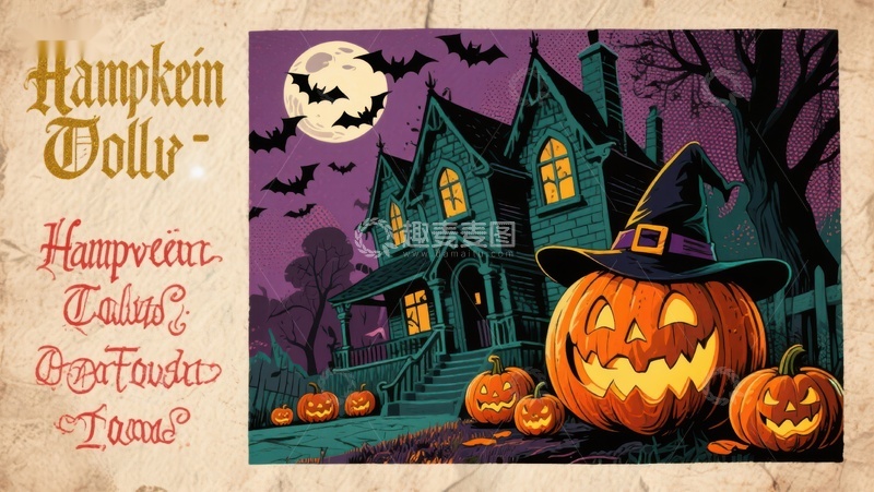 高清大图下载【趣麦麦图】万圣节南瓜灯与幽灵屋夜景