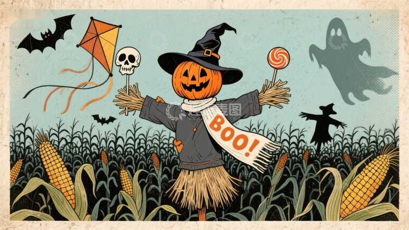 高清大图下载【趣麦麦图】万圣节南瓜稻草人玉米地场景
