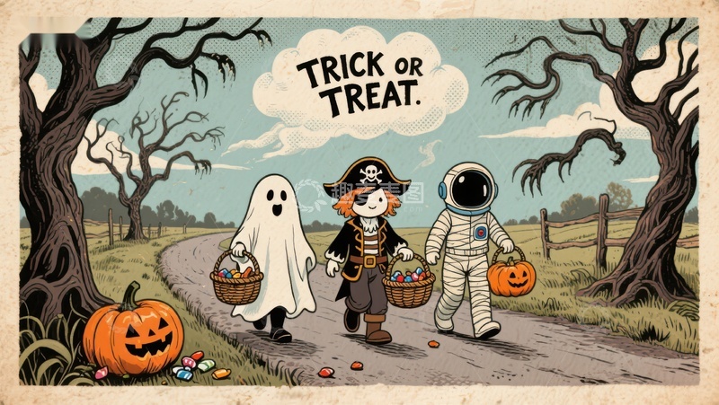 高清大图下载【趣麦麦图】万圣节儿童装扮讨糖