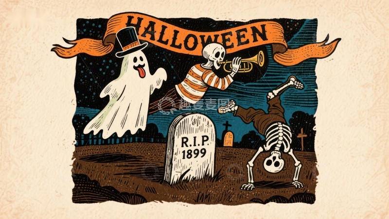 高清大图下载【趣麦麦图】万圣节墓地狂欢插画