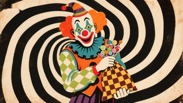 小丑手持糖果袋，背景螺旋图案