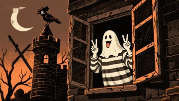 鬼魂在城堡窗口比出和平手势