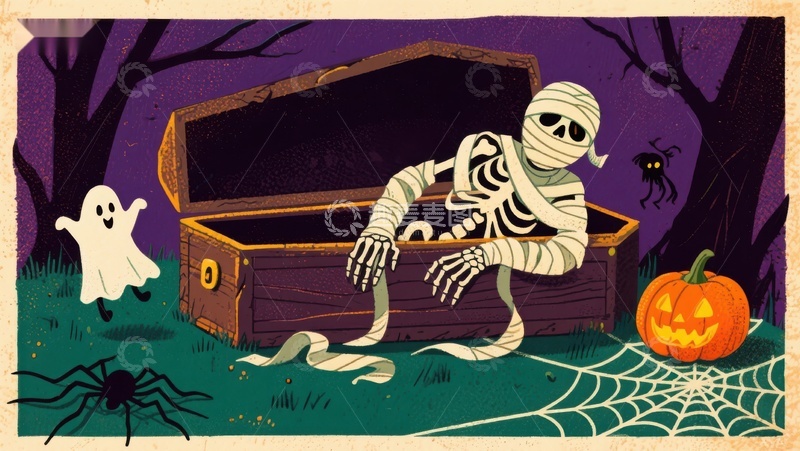 高清大图下载【趣麦麦图】万圣节夜景：木箱中的木乃伊