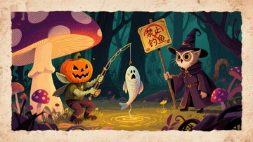 南瓜头精灵与猫头鹰的奇幻钓鱼