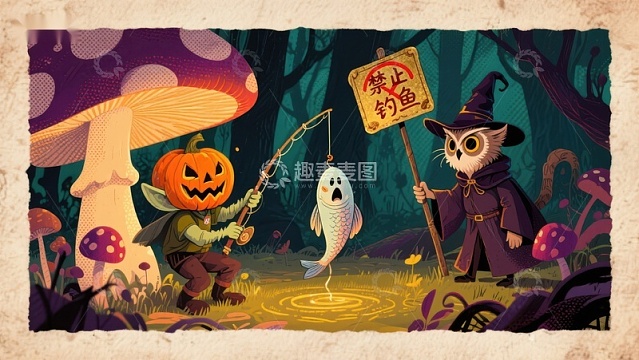 南瓜头精灵与猫头鹰的奇幻钓鱼