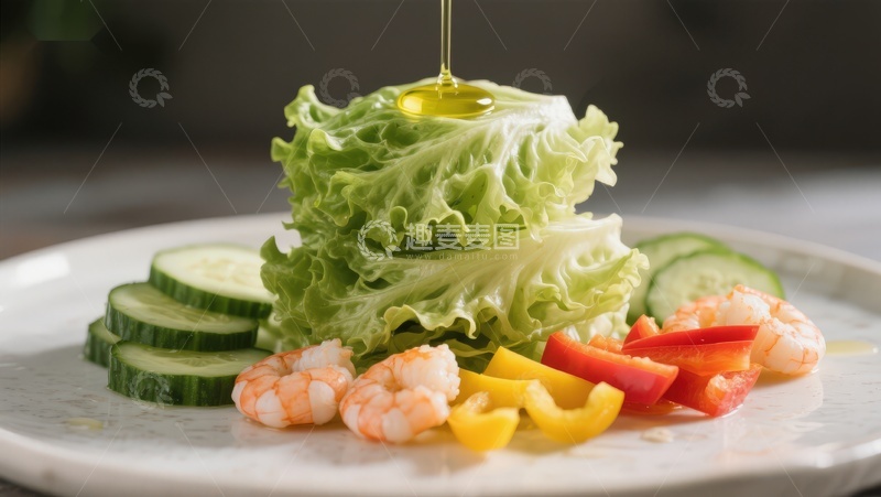 高清大图下载【趣麦麦图】新鲜蔬菜虾仁沙拉淋油