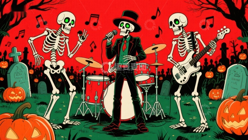 高清大图下载【趣麦麦图】骷髅乐队万圣节演奏