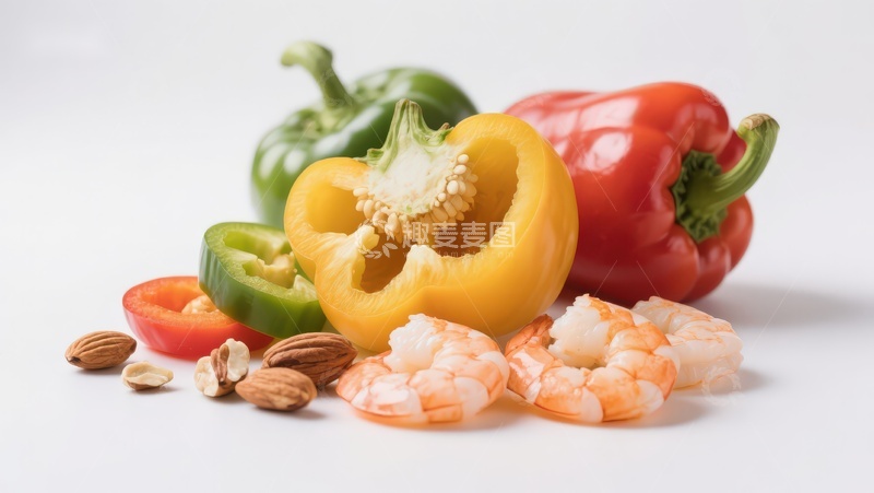 高清大图下载【趣麦麦图】彩椒虾仁与坚果食材组合