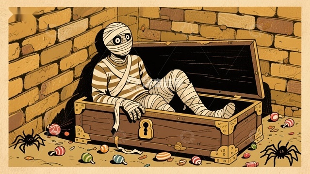 木乃伊坐在打开的宝箱中