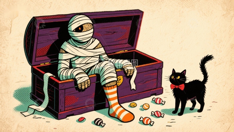 高清大图下载【趣麦麦图】木乃伊坐在宝箱中，黑猫旁散落糖果