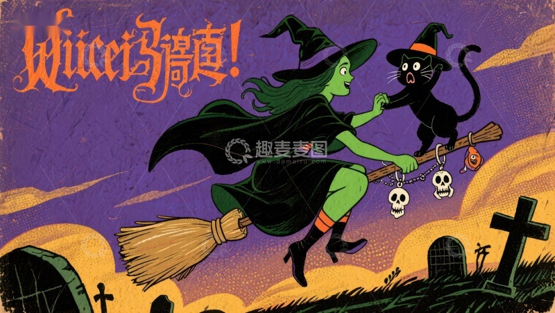 高清大图下载【趣麦麦图】女巫与黑猫骑扫帚夜行