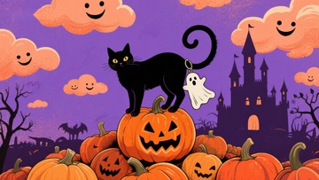 万圣节夜景：黑猫与南瓜灯