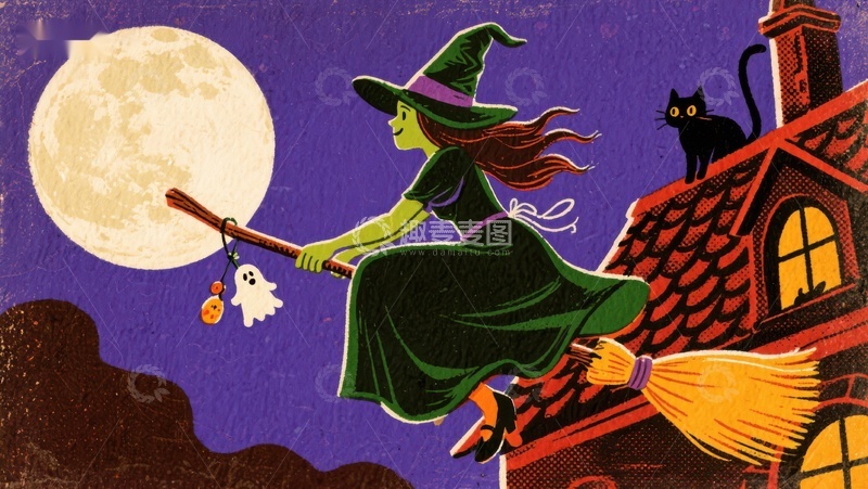 高清大图下载【趣麦麦图】巫女骑扫帚夜空飞行
