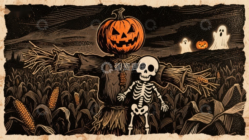 高清大图下载【趣麦麦图】万圣节南瓜骷髅玉米田夜景