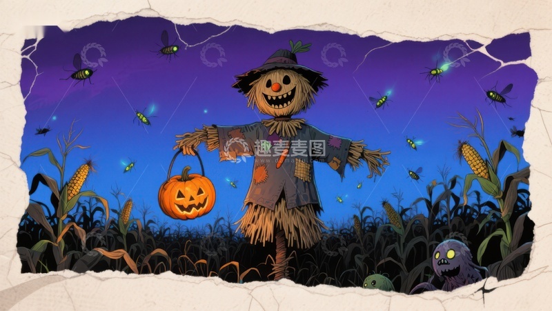 高清大图下载【趣麦麦图】万圣节稻草人手持南瓜灯