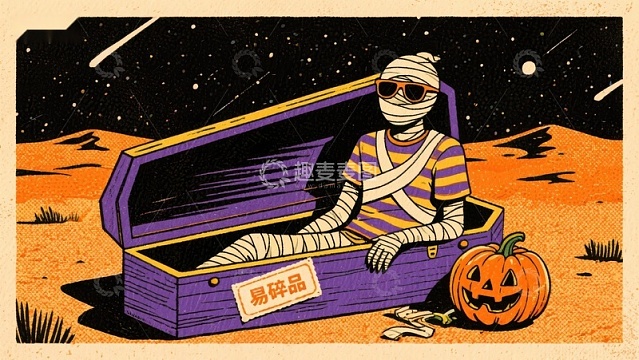 木乃伊坐在棺材旁，旁边有南瓜灯